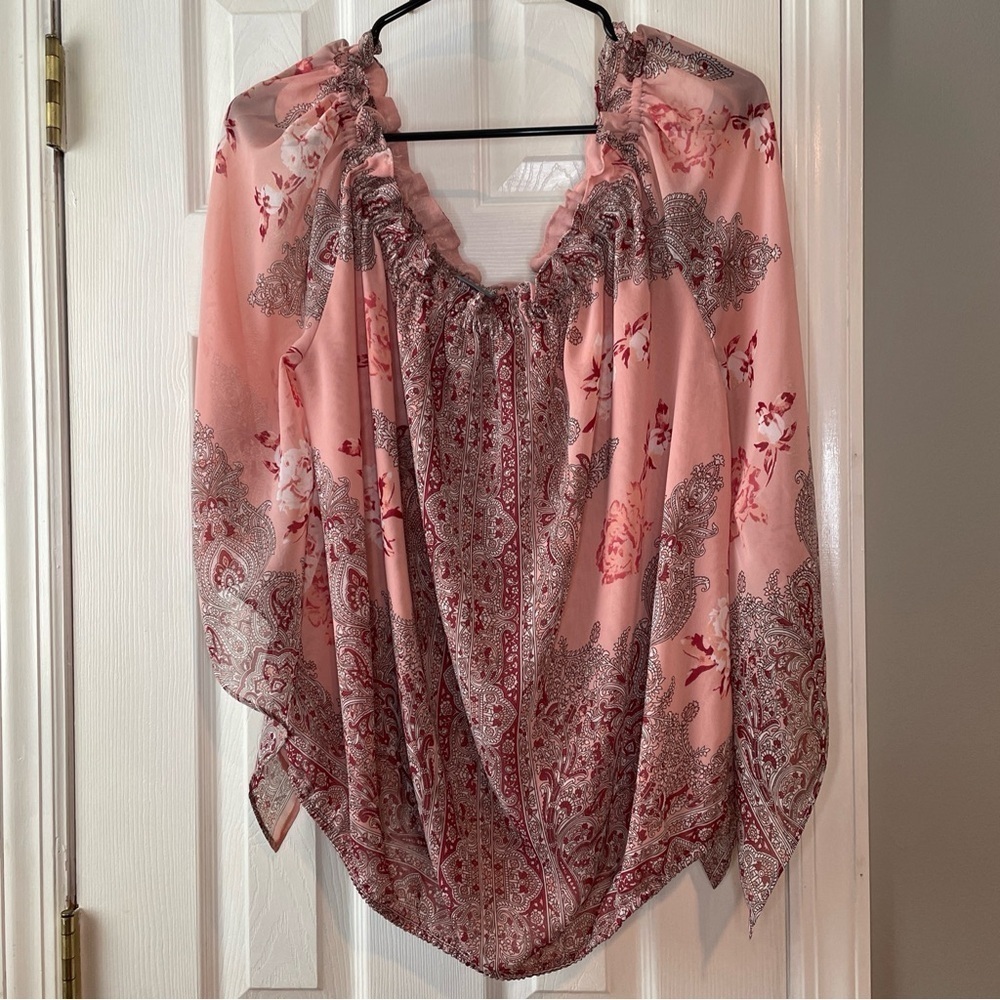 Soho Boho Top XL Flowy Blouse Off The Shoulder Kimono Sleeves Floral Feminine
